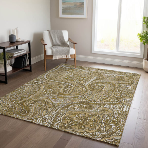 9' X 12' Brown Tan And Beige Paisley Washable Indoor Outdoor Area Rug