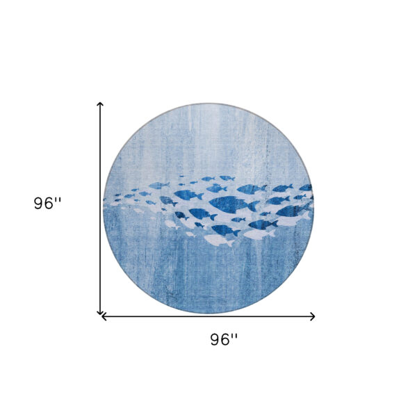 8' Sky Blue And Navy Blue Round Nautical Washable Indoor Outdoor Area Rug