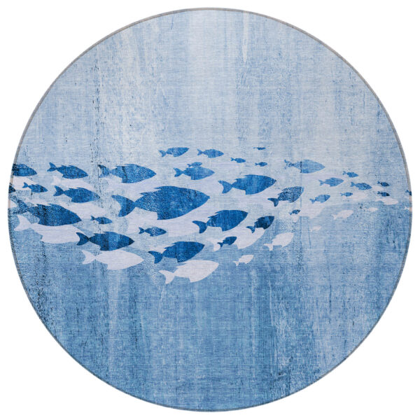 8' Sky Blue And Navy Blue Round Nautical Washable Indoor Outdoor Area Rug