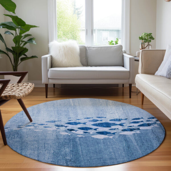 8' Sky Blue And Navy Blue Round Nautical Washable Indoor Outdoor Area Rug