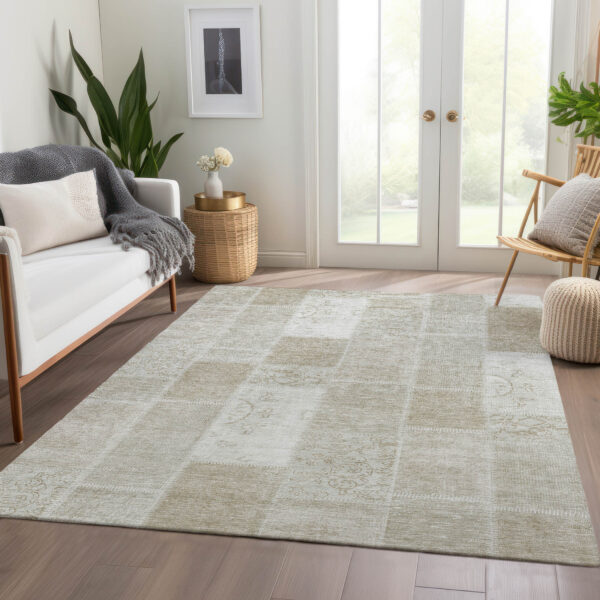 9' X 12' Taupe Beige And Tan Patchwork Washable Indoor Outdoor Area Rug