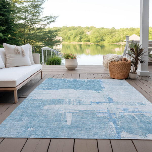 9' X 12' Sky Blue And Denim Blue Abstract Washable Indoor Outdoor Area Rug