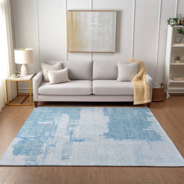 9' X 12' Sky Blue And Denim Blue Abstract Washable Indoor Outdoor Area Rug