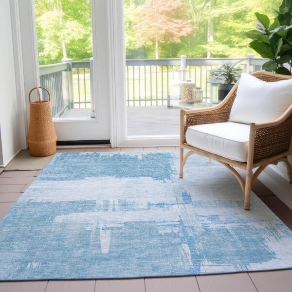 9' X 12' Sky Blue And Denim Blue Abstract Washable Indoor Outdoor Area Rug