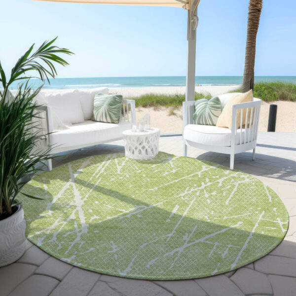 8' Artichoke Green And Ivory Round Abstract Washable Indoor Outdoor Area Rug