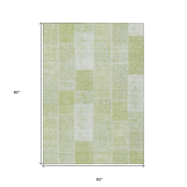5' X 8' Artichoke Green And Ivory Patchwork Washable Indoor Outdoor Area Rug