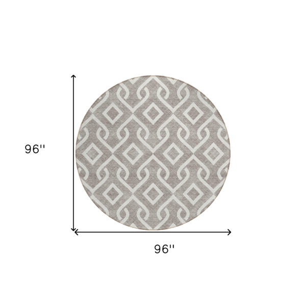 8' Taupe And Ivory Round Geometric Washable Indoor Outdoor Area Rug