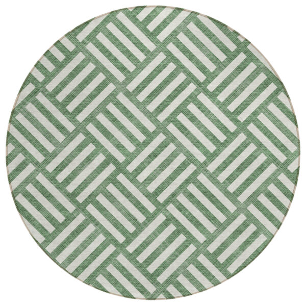 8' Green And Ivory Round Geometric Washable Indoor Outdoor Area Rug
