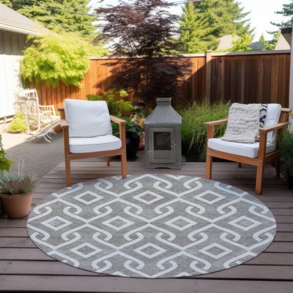8' Taupe And Ivory Round Geometric Washable Indoor Outdoor Area Rug