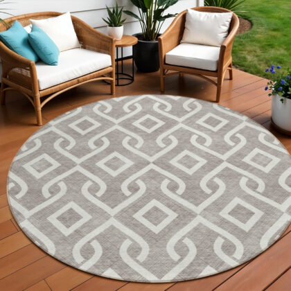 8' Taupe And Ivory Round Geometric Washable Indoor Outdoor Area Rug