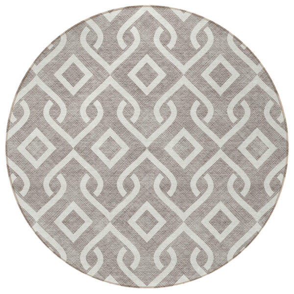 8' Taupe And Ivory Round Geometric Washable Indoor Outdoor Area Rug