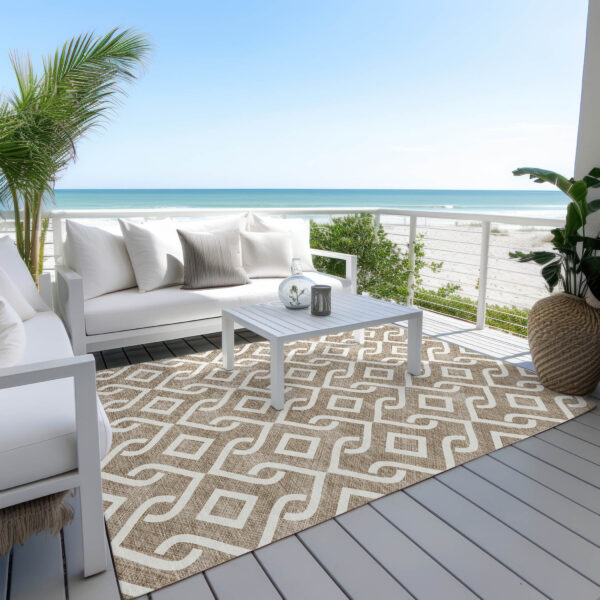 9' X 12' Brown And Ivory Geometric Washable Indoor Outdoor Area Rug