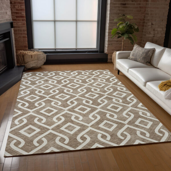 9' X 12' Brown And Ivory Geometric Washable Indoor Outdoor Area Rug