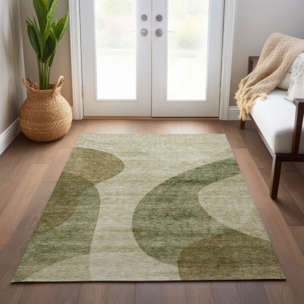 3' X 5' Beige And Chocolate Abstract Washable Indoor Outdoor Area Rug