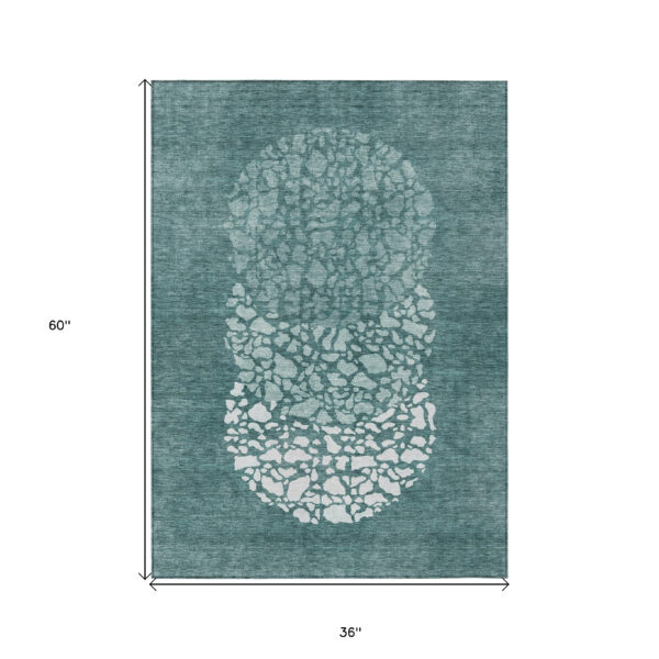 3' X 5' Dark Green Aqua And Ivory Abstract Washable Indoor Outdoor Area Rug