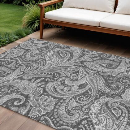 8' X 10' Gray Charcoal And Ivory Paisley Washable Indoor Outdoor Area Rug