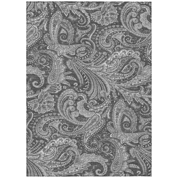 8' X 10' Gray Charcoal And Ivory Paisley Washable Indoor Outdoor Area Rug