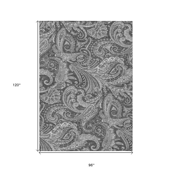 8' X 10' Gray Charcoal And Ivory Paisley Washable Indoor Outdoor Area Rug
