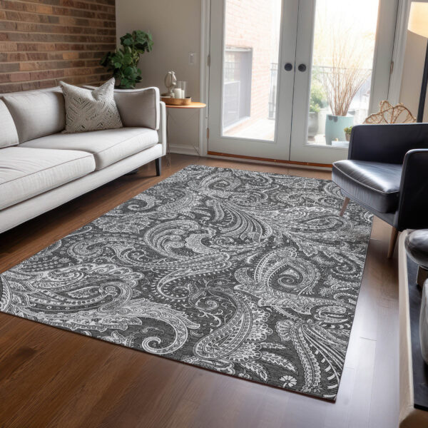 8' X 10' Gray Charcoal And Ivory Paisley Washable Indoor Outdoor Area Rug