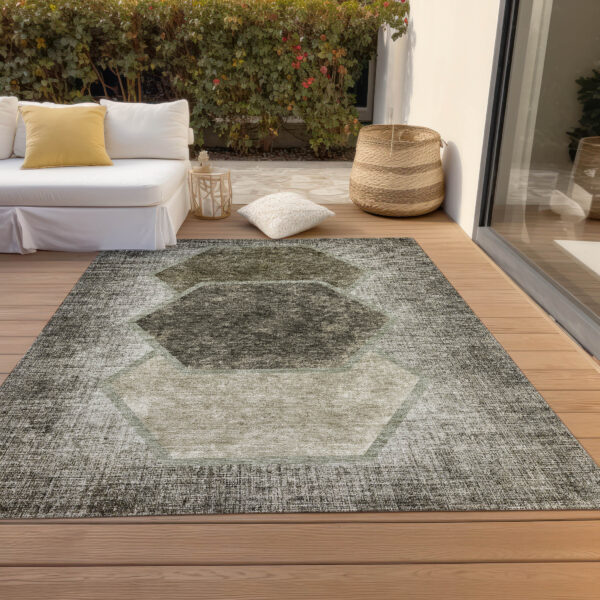 8' X 10' Taupe Beige And Chocolate Geometric Washable Indoor Outdoor Area Rug