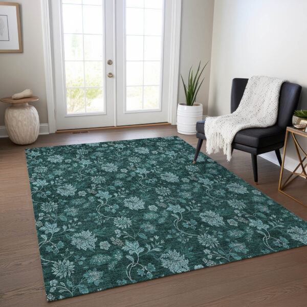 8' X 10' Teal Blue And Aqua Floral Washable Indoor Outdoor Area Rug
