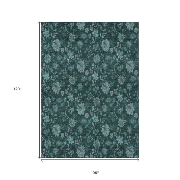 8' X 10' Teal Blue And Aqua Floral Washable Indoor Outdoor Area Rug