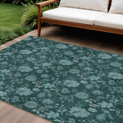 8' X 10' Teal Blue And Aqua Floral Washable Indoor Outdoor Area Rug