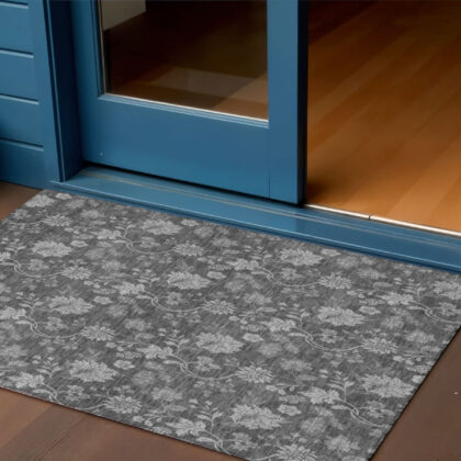3' X 5' Gray Charcoal And Silver Floral Washable Indoor Outdoor Area Rug