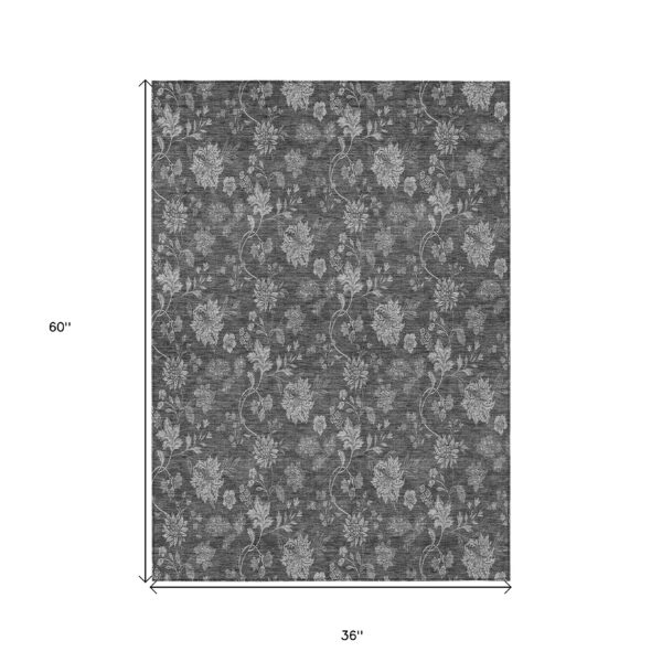 3' X 5' Gray Charcoal And Silver Floral Washable Indoor Outdoor Area Rug