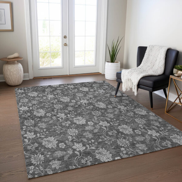 3' X 5' Gray Charcoal And Silver Floral Washable Indoor Outdoor Area Rug