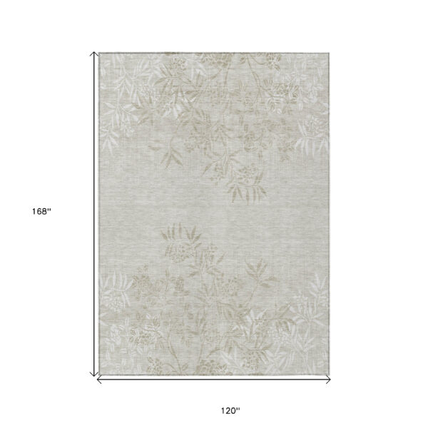10' X 14' Beige Tan And Ivory Floral Washable Indoor Outdoor Area Rug