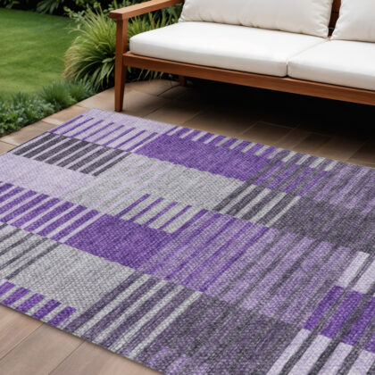 8' X 10' Purple Lavender And Eggplant Striped Washable Indoor Outdoor Area Rug