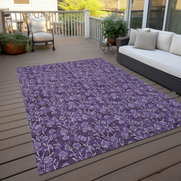 8' X 10' Purple Eggplant And Ivory Floral Washable Indoor Outdoor Area Rug