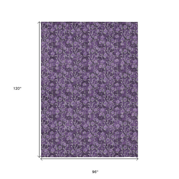 8' X 10' Purple Eggplant And Ivory Floral Washable Indoor Outdoor Area Rug