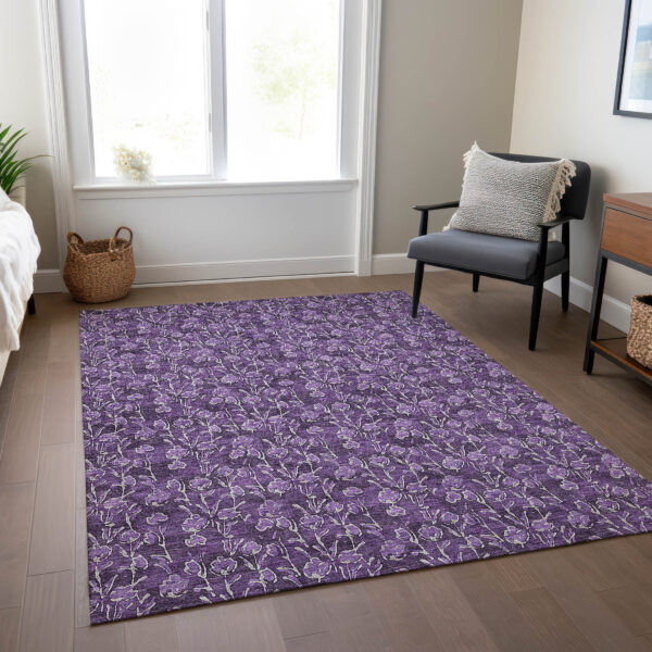8' X 10' Purple Eggplant And Ivory Floral Washable Indoor Outdoor Area Rug