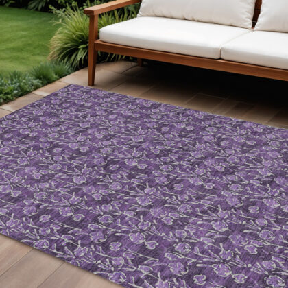 8' X 10' Purple Eggplant And Ivory Floral Washable Indoor Outdoor Area Rug