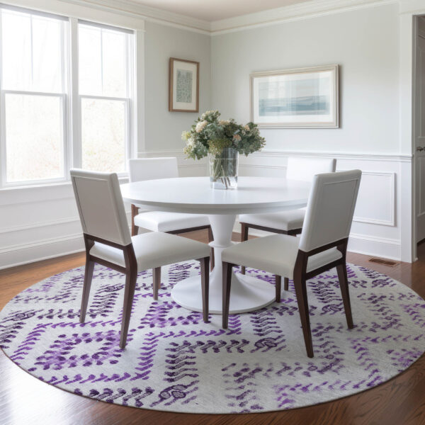 8' Purple Eggplant And Lavender Round Geometric Washable Indoor Outdoor Area Rug