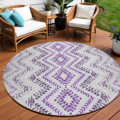8' Purple Eggplant And Lavender Round Geometric Washable Indoor Outdoor Area Rug