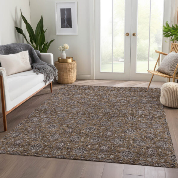9' X 12' Chocolate And Gray Floral Washable Indoor Outdoor Area Rug