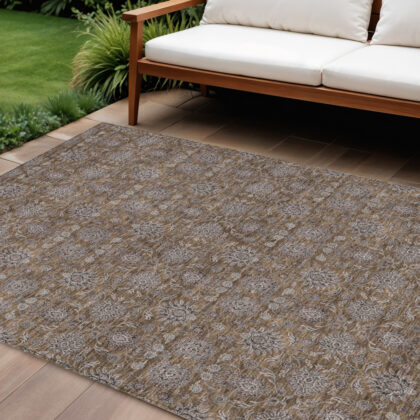 9' X 12' Chocolate And Gray Floral Washable Indoor Outdoor Area Rug