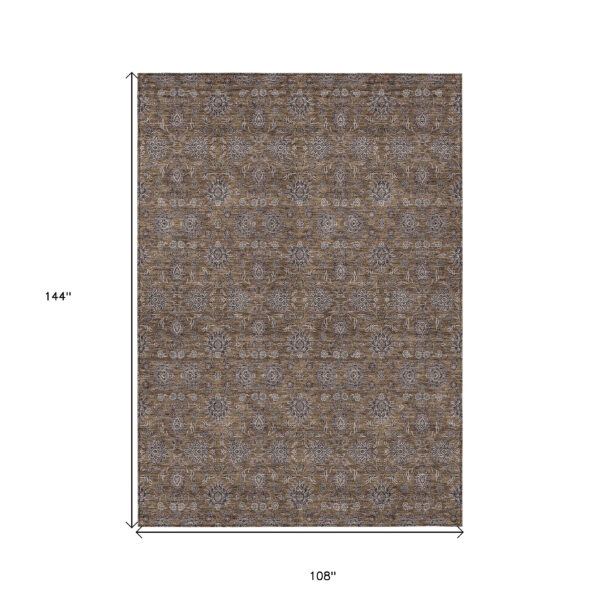 9' X 12' Chocolate And Gray Floral Washable Indoor Outdoor Area Rug