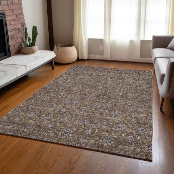9' X 12' Chocolate And Gray Floral Washable Indoor Outdoor Area Rug