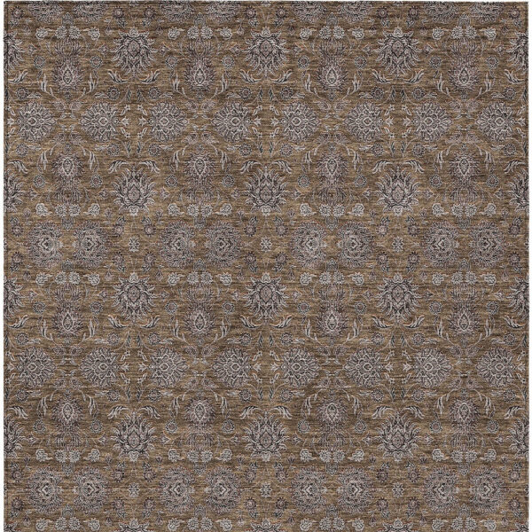 9' X 12' Chocolate And Gray Floral Washable Indoor Outdoor Area Rug