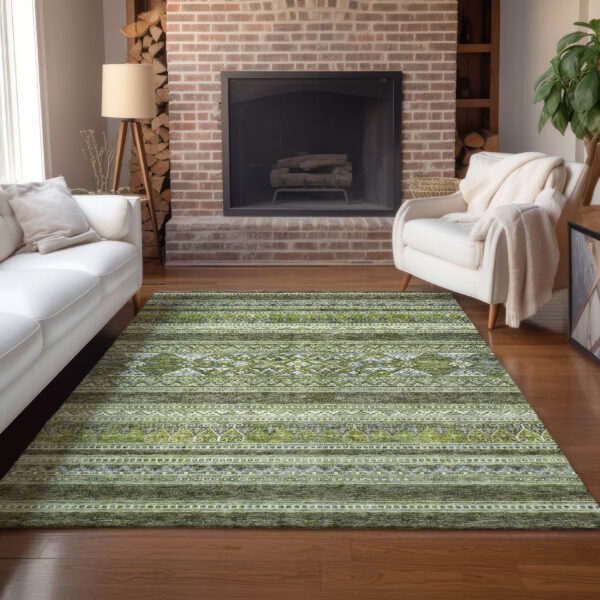 5' X 8' Olive Green And Artichoke Green Southwestern Washable Indoor Outdoor Area Rug