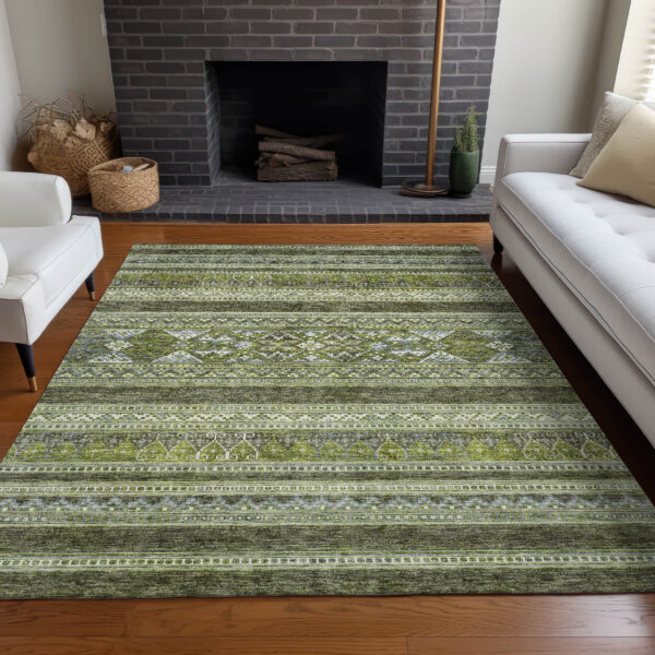 5' X 8' Olive Green And Artichoke Green Southwestern Washable Indoor Outdoor Area Rug