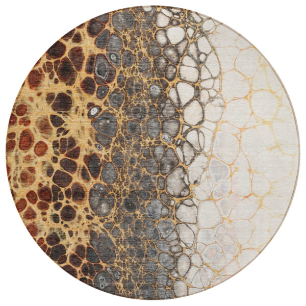 8' Ivory Gray And Gold Round Abstract Washable Indoor Outdoor Area Rug