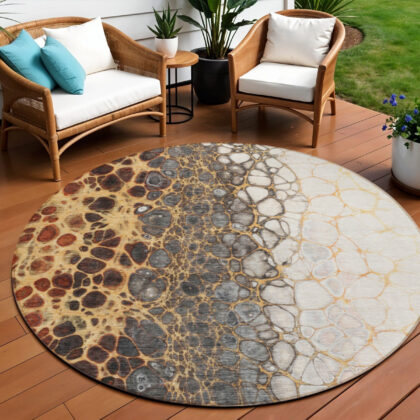 8' Ivory Gray And Gold Round Abstract Washable Indoor Outdoor Area Rug