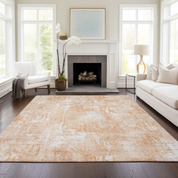 3' X 5' Coral Peach And Ivory Abstract Washable Indoor Outdoor Area Rug
