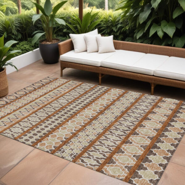 10' X 14' Chocolate And Taupe Quatrefoil Washable Indoor Outdoor Area Rug