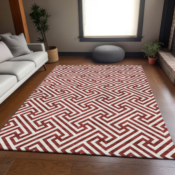 5' X 8' Merlot And Ivory Geometric Washable Indoor Outdoor Area Rug